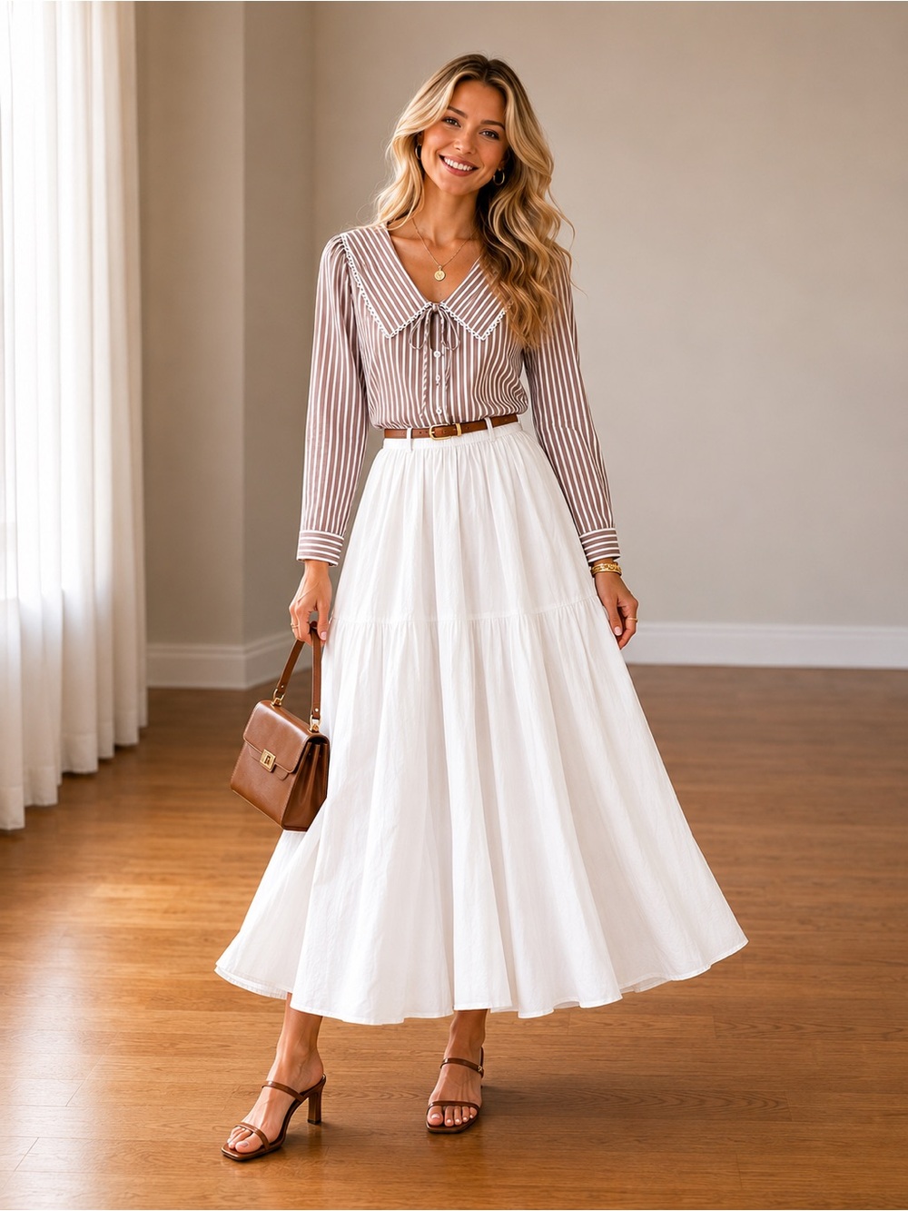 Modern Works Beige and White Striped Tie-Front Sailor Collar Blouse